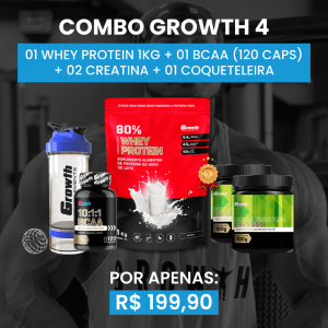 [COMBO 4] 01 WHEY PROTEIN 80% CONCENTRADO 1KG + 02 CREATINA MONOHIDRATADA 100G + 01 BCAA (120 CAPS) + 01 COQUETELEIRA
